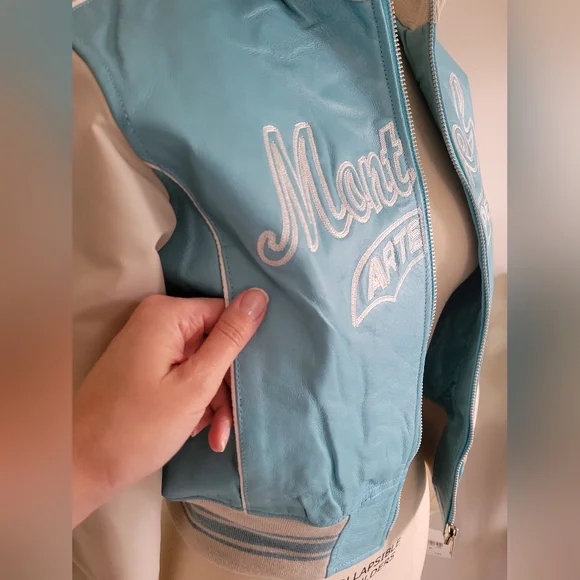 BNWT leather "Montreal" cropped bomber jacket in blue and cream vintage style - Picture 6 of 14